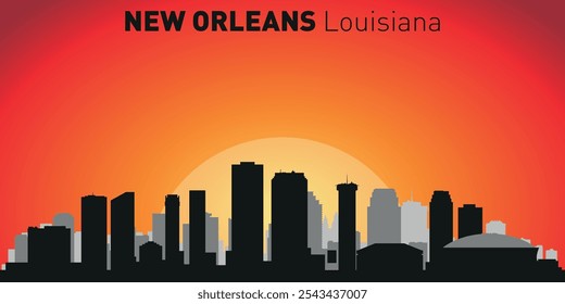 Nuevo horizonte de la ciudad de Orleans con siluetas de edificios con el telón de fondo de un Grande cielo amarillo y naranja. Vector en el fondo de la puesta del sol