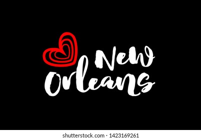 new orleans city text with red love heart design on black background for typographic logo icon design