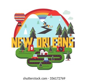 New Orleans city travel destination in USA. vector cartoon,