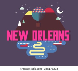 New Orleans city travel destination in USA. vector cartoon,