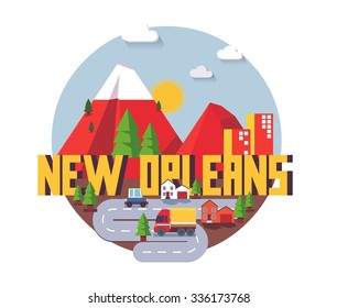 New Orleans city travel destination in USA. vector cartoon,