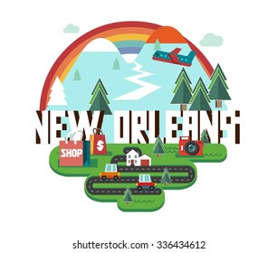 New Orleans city travel destination in USA. vector cartoon,