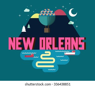 New Orleans city travel destination in USA. vector cartoon,