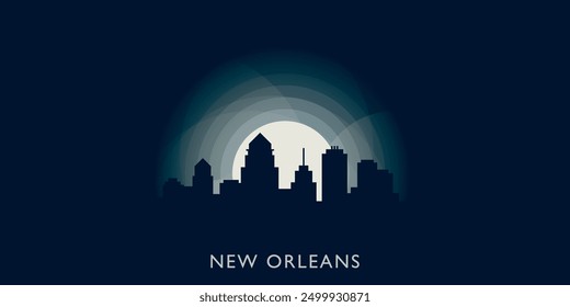 New Orleans cityscape skyline city panorama vector flat banner illustration. USA, Louisiana state emblem idea with landmarks and building silhouettes at sunrise sunset night