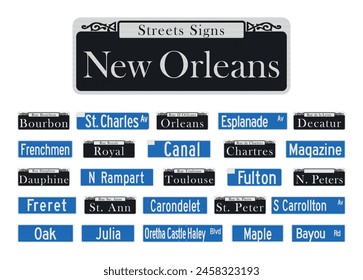 New Orleans famous streets signs collection in vector