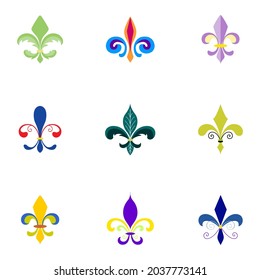 New Orleans fleur de lis mardi gras decorations.  Medieval Lys flower set. Middle age flourishes, symbols and emblems. French ornaments. Cavalry, shields and tournaments.