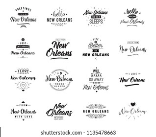 New Orleans. Greeting cards, vector design. Isolated logos. Typography set.