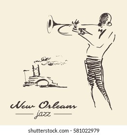 New Orleans Jazz Poster. Mann, der die Trompete mit einem Dampfschiff auf der Rückseite spielt, handgezeichnete Vintage-Illustration