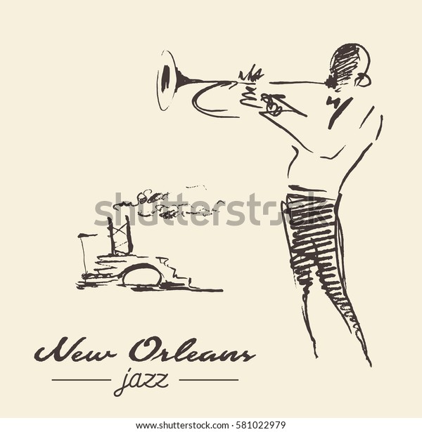 ニューオーリンズのジャズポスター 蒸気船を背にトランペットを吹く男 ビンテージ手描きのイラスト のベクター画像素材 ロイヤリティフリー