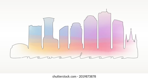 New Orleans, LA, USA Skyline Watercolor City Illustration. Famous Buildings Silhouette Hand Drawn Doodle Art. Vector Landmark Sketch Drawing.