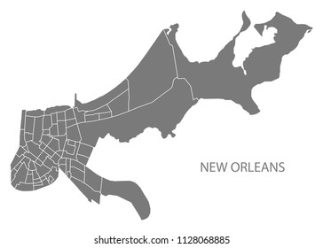 New Orleans Louisiana city map with neighborhoods grey illustration silhouette shape