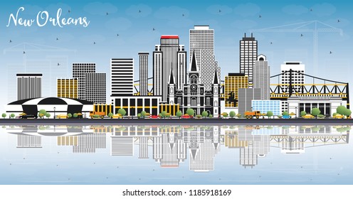 New Orleans Louisiana City Skyline with Gray Buildings, Blue Sky and Reflections. Vector Illustration. Business and Tourism Concept with Modern Architecture. New Orleans Cityscape with Landmarks.