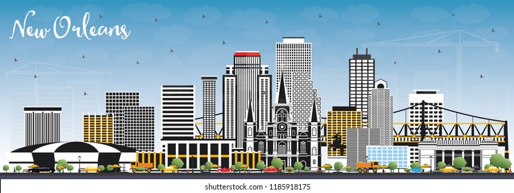 New Orleans Louisiana City Skyline mit grauen Gebäuden und Blue Sky. Vektorgrafik. Business Travel and Tourism Konzept mit moderner Architektur. New Orleans USA Stadtlandschaft mit Sehenswürdigkeiten.