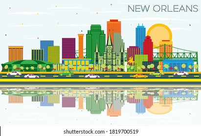 New Orleans Louisiana City Skyline with Color Buildings, Blue Sky and Reflections. Vector Illustration. Business Travel and Tourism Concept with Modern Architecture. New Orleans USA Cityscape.