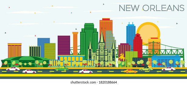 New Orleans Louisiana City Skyline mit Color Buildings und Blue Sky. Vektorgrafik. Business Travel and Tourism Konzept mit moderner Architektur. New Orleans USA Stadtlandschaft mit Sehenswürdigkeiten.