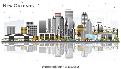 New Orleans Louisiana City Skyline with Gray Buildings and Reflections Isolated on White. Vector Illustration. Business Travel and Tourism Concept with Modern Architecture. New Orleans USA Cityscape.