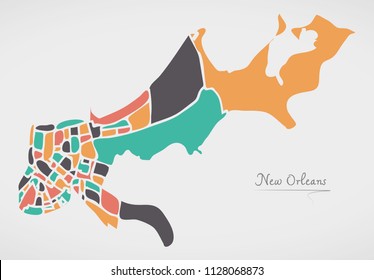 New Orleans Louisiana Map with neighborhoods and modern round shapes