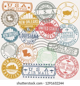 New Orleans Louisiana. Stamp. Vector Art. Postal Passport. Travel Design Set. Postage.