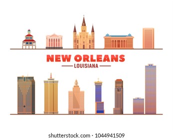 New Orleans Louisiana united states city landmarks vector illustration on white background. Business travel and tourism concept with modern buildings. Image for presentation, banner, web site.