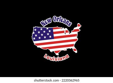 New Orleans. Karte der Vereinigten Staaten von Amerika mit der Nationalflagge der Vereinigten Staaten einzeln auf weißem Hintergrund. Vektorgrafik.