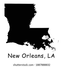 New Orleans on Louisiana State Map. Detailed LA State Map with Location Pin on New Orleans City. Black silhouette vector map isolated on white background.