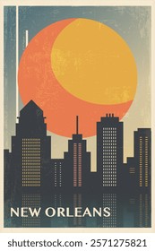 New Orleans retro city poster with abstract shapes of skyline, buildings. USA, Louisiana state vintage travel vector illustration, cityscape at sunrise, sunset