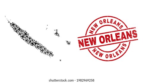 New Orleans scratched seal stamp, and New Caledonia Islands map mosaic of aviation elements. Mosaic New Caledonia Islands map constructed from jet vehicles. Red stamp with New Orleans caption,