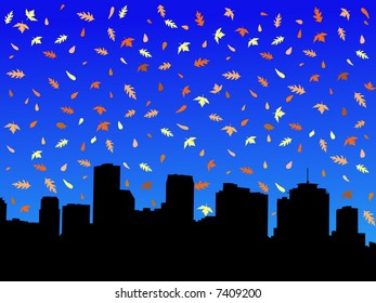New Orleans skyline in autumn with falling leaves illustration