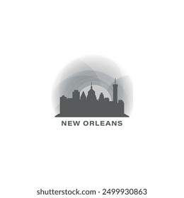 New Orleans skyline, downtown panorama logo, logotype. USA, Louisiana state badge contour, isolated vector pictogram with city hall, monuments, landmarks, skyscrapers at sunrise, sunset