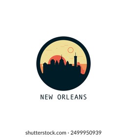 New Orleans skyline, downtown panorama logo, logotype. USA, Louisiana state round badge contour, isolated vector vintage pictogram with monuments, landmarks