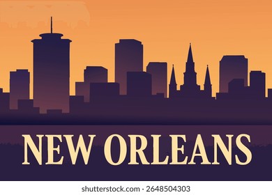 The New Orleans skyline glows at dusk as the sun sets, casting warm hues over the city’s iconic architecture and the Mississippi River. 
