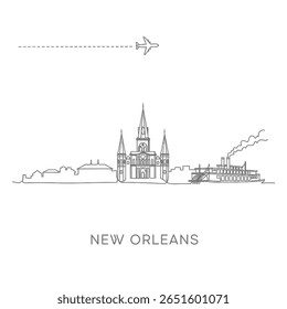 New Orleans skyline with Louisiana, and USA Line art.