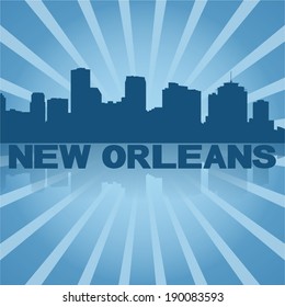 New Orleans skyline reflected with blue sunburst vector illustration