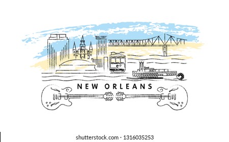 New Orleans skyline vector illustration and typography design