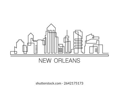 New Orleans stroke, single art skyline. Continuous urban panorama silhouette outline, vector illustration of USA, Louisiana state city with buildings, skyscrapers. Thin line icon, logo, card