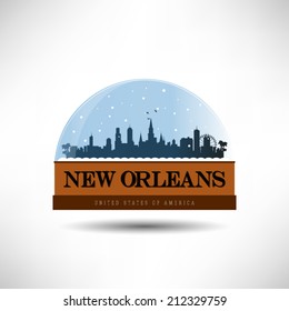 New Orleans, United States of America city skyline silhouette in snow globe. Vector design.