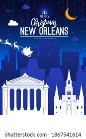 New Orleans, USA. Christmas holiday background. Winter snowy landscape. Flat well known silhouettes.