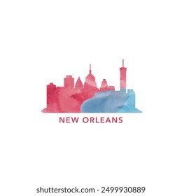 New Orleans USA, Louisiana state watercolor cityscape skyline city panorama vector flat modern logo, icon. United States of America emblem with landmarks and buildings. Isolated colorful graphic