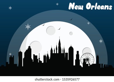 New Orleans USA skyline silhouette vector design  on a full moon night