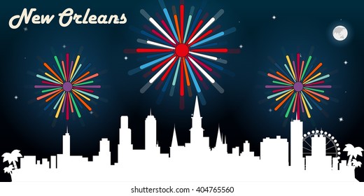 New Orleans USA skyline silhouette vector design, dark night sky with fireworks