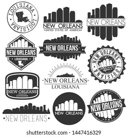 New Orleans USA Skyline Vector Art Stamps. Silhouette Emblematic Buildings.