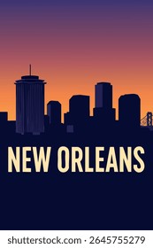 A vibrante paisagem urbana de Nova Orleans ao anoitecer oferece uma vista cativante da arquitetura histórica da cidade e das ruas animadas, banhadas no brilho dourado do pôr do sol