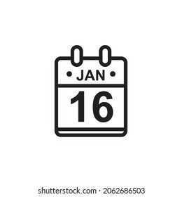 Nueva ilustración de vector de contorno del icono de calendario plano en color blanco y negro. Calendario simple con 16 de enero