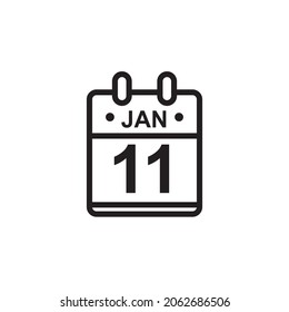 New outline vector illustration of flat calendar icon in black and white color. Simple calendar with January 11