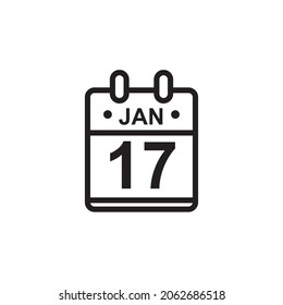 Nueva ilustración de vector de contorno del icono de calendario plano en color blanco y negro. Calendario simple con 17 de enero