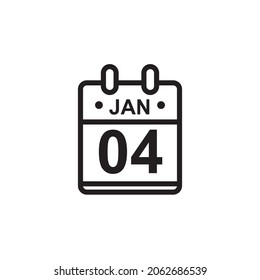 New outline vector illustration of flat calendar icon in black and white color. Simple calendar with January 4