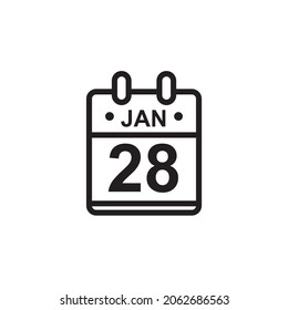 New outline vector illustration of flat calendar icon in black and white color. Simple calendar with January 28