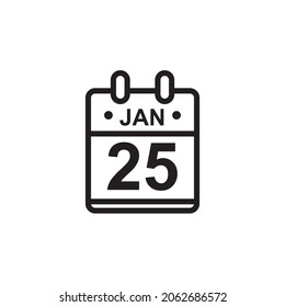 New outline vector illustration of flat calendar icon in black and white color. Simple calendar with January 25