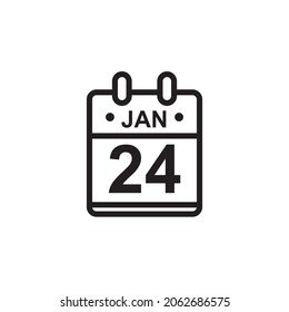 New outline vector illustration of flat calendar icon in black and white color. Simple calendar with January 24 
