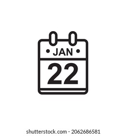 New outline vector illustration of flat calendar icon in black and white color. Simple calendar with January 22